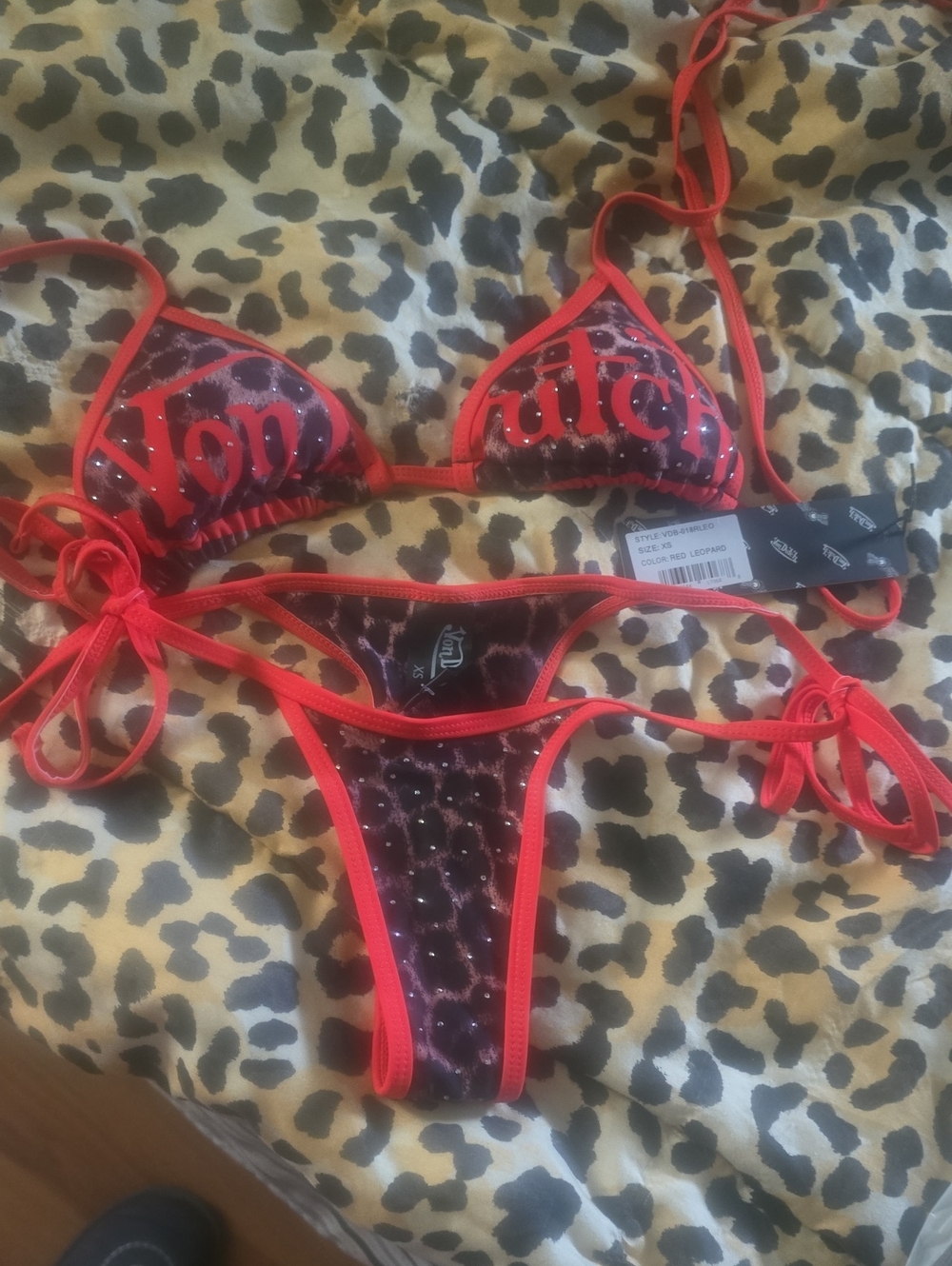 Von Dutch Red and Black Leopard Print String Bikini
